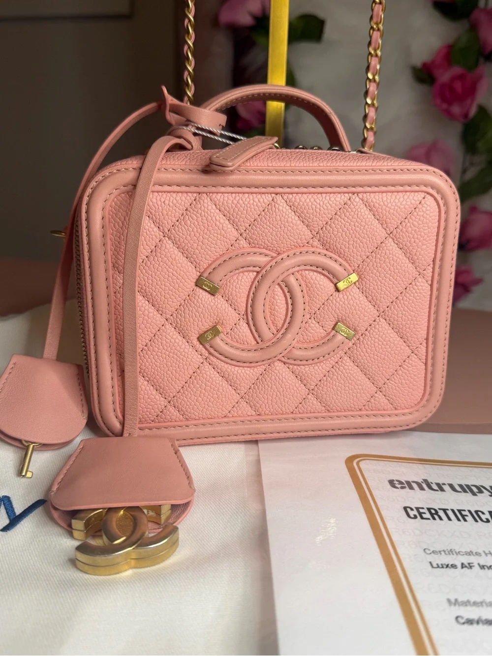 CHANEL Caviar Quilted Leather Small Filigree Vanity Case Crossbody COA Gold HW